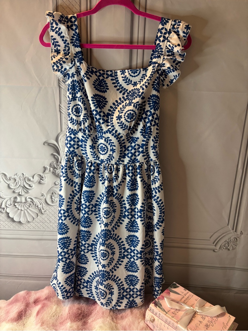 SHEIN White/Blue Floral Print Backless Bow Knot Ruffle Cap Sleeve Dress, Size XL